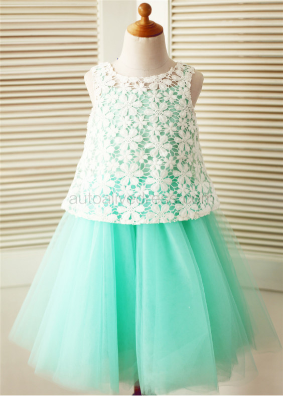 Turquoise Tulle Ivory Lace Two Piece Flower Girl Dress 